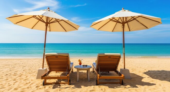 Two wooden sun loungers with umbrellas on a tropical beach with a cocktail