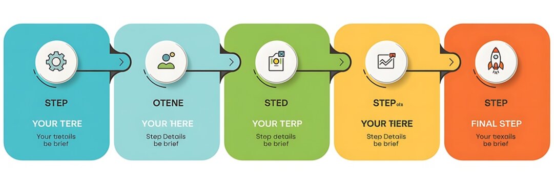Business process workflow template shows five colorful steps for project management planning.