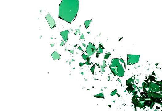 Shattered green glass fragments exploding in dynamic abstract composition