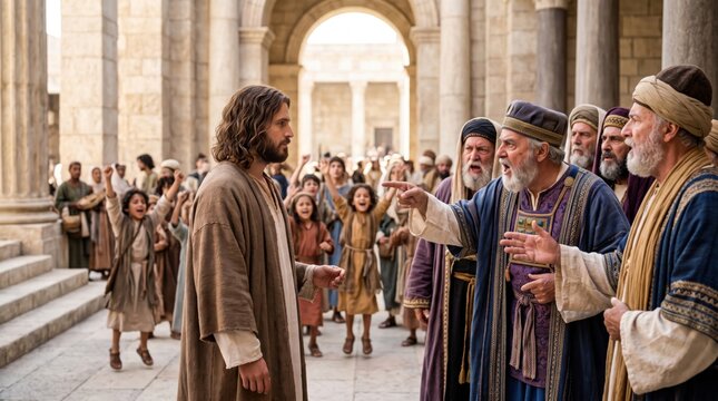 Jesus faces confrontation from temple leaders in Jerusalem. Biblical scene where man representing Jesus is questioned by Jewish priests about his authority. Religious history story.