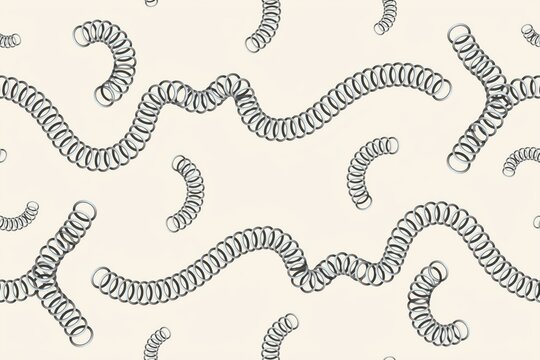 Seamless pattern of metallic silver coiled springs in various wavy shapes on a light beige background, for industrial use