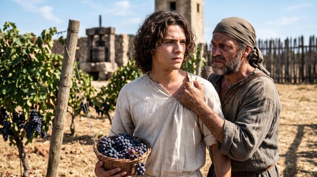 Man holding a basket of grapes while an older man touches his shoulder in a vineyard. Parable of the wicked tenants from the Bible. Ancient agricultural scene with religious symbolism.