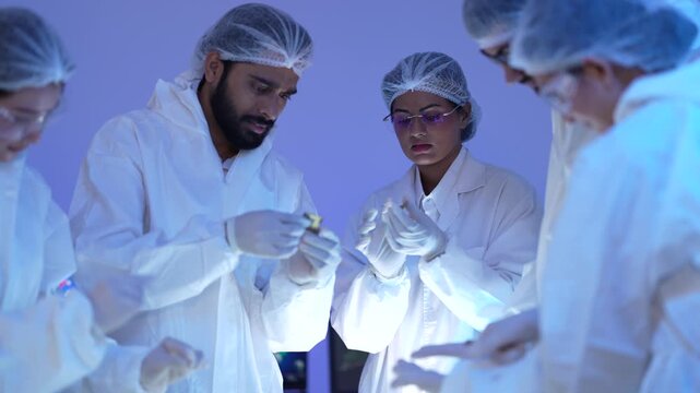 A bearded scientist and a colleague in coveralls examine a sample closely under blue cleanroom lighting.