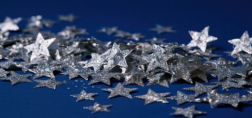 Fototapeta premium Silver star confetti scattered on a deep blue background for festive and holiday celebrations.