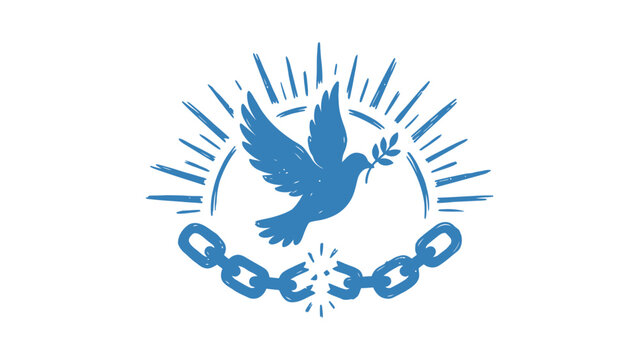 Blue vector illustration of a flying dove with olive branch and broken chain for freedom and peace