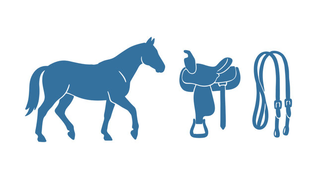 Blue horse silhouette vector set with western saddle and leather reins icons for equestrian design