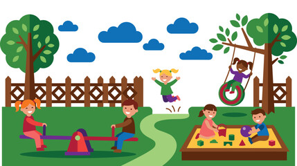 Fototapeta premium Children playing in outdoor playground with swing and sandbox happy childhood scene.
