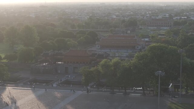 Aerial drone view of Hue Imperial Citadel featuring Ngo Mon Gate, Thai Hoa Palace and Kien Trung Palace, showcasing Vietnam's UNESCO royal heritage, ancient architecture and cultural landmark.