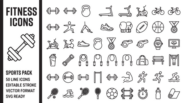 Fitness icons set, 50 sports line icons pack. Gym and workout vector symbols. Minimalist athletic equipment collection for health apps.