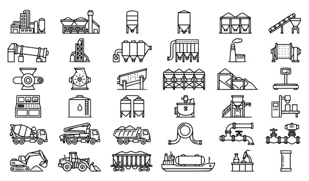 Concrete Plant and Cement Factory Line Icons with Fly Ash Silo and Production Machinery