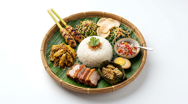 Traditional Balinese Nasi Campur Platter featuring diverse savory local dishes on a banana leaf
