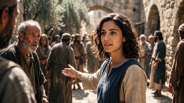 Woman gesturing to a group of people in an ancient biblical setting. Historical gathering in a street context. Religious illustration representing biblical narrative and cultural history.