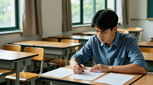 Young man writes on paper during a test in a classroom setting. Focused student completes an academic evaluation, sitting at desk with exam papers. He is concentrating hard on schoolwork.