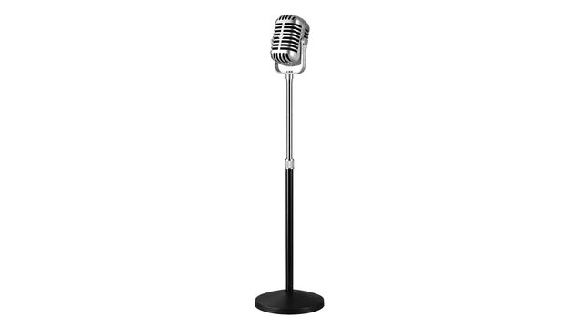 Silver vintage microphone on stand isolated on transparent background