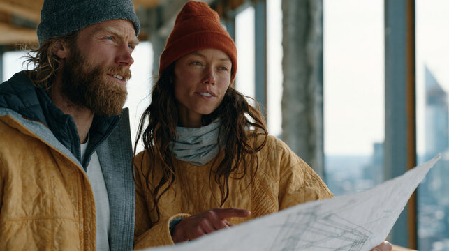 Quilting couple high up on a glass skyscraper steel frame erection site review a hand stitched structural detail diagram together, pointing from fabric panel seam patterns to bolt