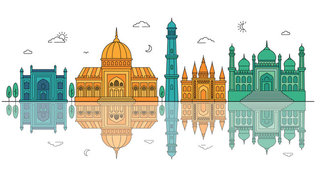 Colorful skyline of Indian landmarks and mosques with reflections in water.