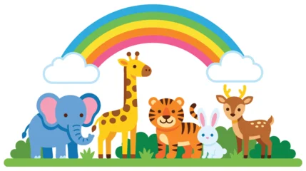 Fotobehang Zoo Cute cartoon zoo animals with rainbow and clouds in cheerful park scene vector art.  © KALPANA AKTER