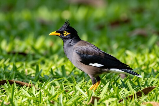 Javan Myna stands on green grass field. Bird with black crest, yellow beak walks in garden. Asian starling species moves outdoor in summer. Small wild creature searches food in park area. Ornithology