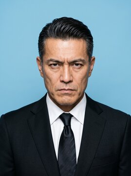日本人中年男性の証明写真：日本の証明写真をイメージした、40代〜50代男性のバストアップポートレート。履歴書・マイナンバーカード・パスポート・運転免許証・社員証などのイメージ写真に最適