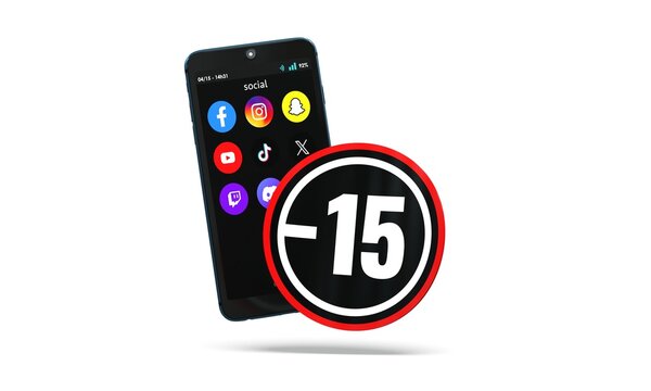 smartphone devant une interdiction pour les moins de 15 ans, nouvelle loi en France puis en Europe - rendu 3D sur fond blanc