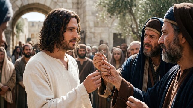 Jesus taking a denarius coin from a man to teach a lesson about paying taxes to Caesar. Biblical scene of a teacher talking to Pharisees in Jerusalem. Faith and religion concept.