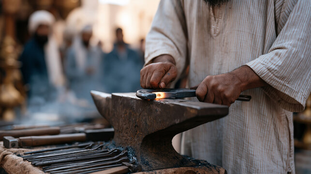 A farrier's calloused hands press a glowing horseshoe against an anvil at a vibrant spice market stall, traders watching intently, steam rising, tools laid in deliberate sequence