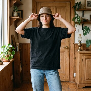 Young woman wearing a black t-shirt and a bucket hat poses inside a rustic room with wooden walls.