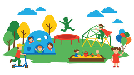 Fototapeta premium Happy children playing outdoors on playground equipment in summer park vector illustration.
