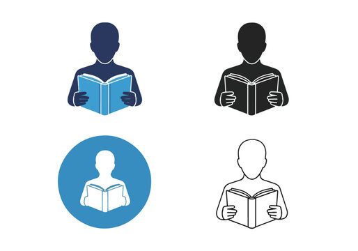 Person reading book vector icon set, flat icon, outline, glyph, linear, clipart, sticker