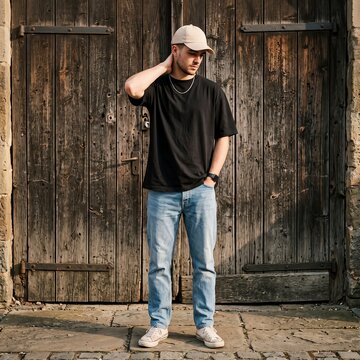 Young man wearing a baseball cap and black t-shirt poses in front of rustic wooden doors.