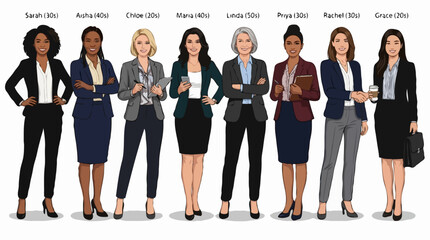 Obraz premium A diverse group of nine professional women of various ages and ethnicities, each dressed in business attire, standing confidently. Each woman is labeled with her name and age.