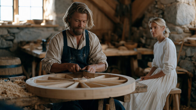 A wheelwright shapes a wooden wheel rim over a workbench in warm workshop lighting as his partner sits nearby on a stool, watching closely, their quiet companionship reflecting