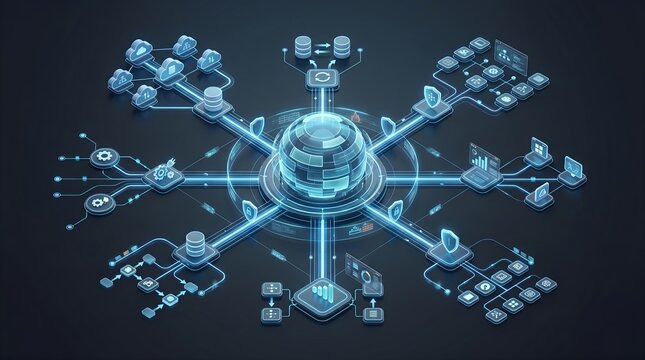 Structured Digital Network Matrix with Central Middleware Processor and Data Flows between different systems illustration