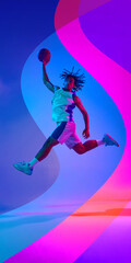 Fototapeta premium Athletic Black basketball player jumping against neon abstract background. Concept of basketball campaigns, sportswear marketing, athletic event posters.