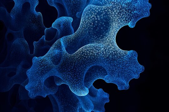 Blue glowing microorganism cells forming a network on a black background. Abstract 3D visualization of virus structure and pathogen biology. Conceptual scientific illustration of infection.