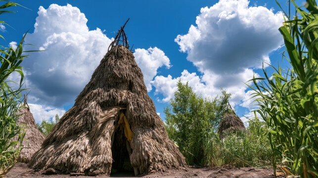 Low angle view of a rustic conical straw hut with a dark entrance surrounded by tall green corn plants under a blue sky with fluffy white clouds