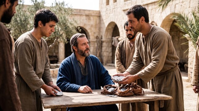 Master giving talents to servants in biblical scene. Men in historical tunics counting silver coins at table. Parable of talents illustration, faith, investment, stewardship concept.