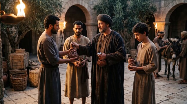Master giving coins to servants according to biblical parable of talent. Man distributing wealth among men and boy in ancient setting. Historical religious reenactment scene.