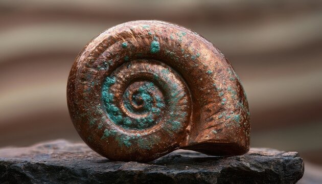 Shiny copper-colored spiral seashell with turquoise patina resting on a dark textured rock surface