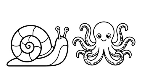 Cute snail and octopus line art illustration for children's designs © Mina