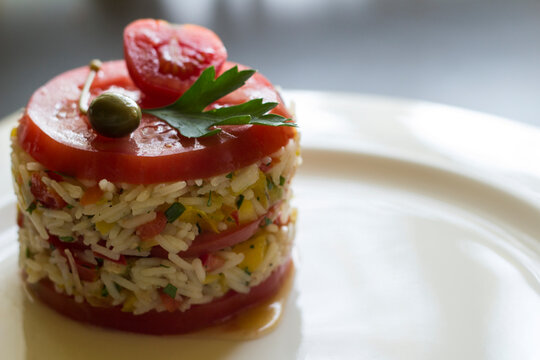 Layered Rice Salad Tower With Tomatoes