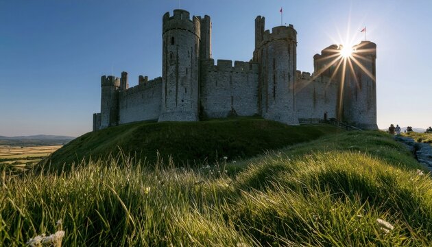 Medieval castle on grassy hill with sun flare and blue sky
