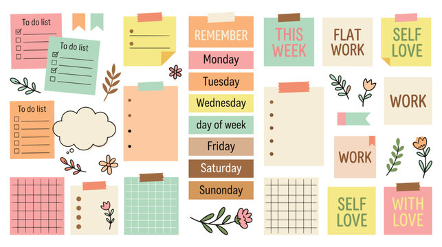 Sticky notes collection with day of week, to do list, self love, remember, and work text.