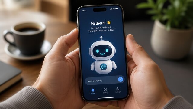 Person using AI assistant chatbot application on smartphone screen with virtual helper interface design
