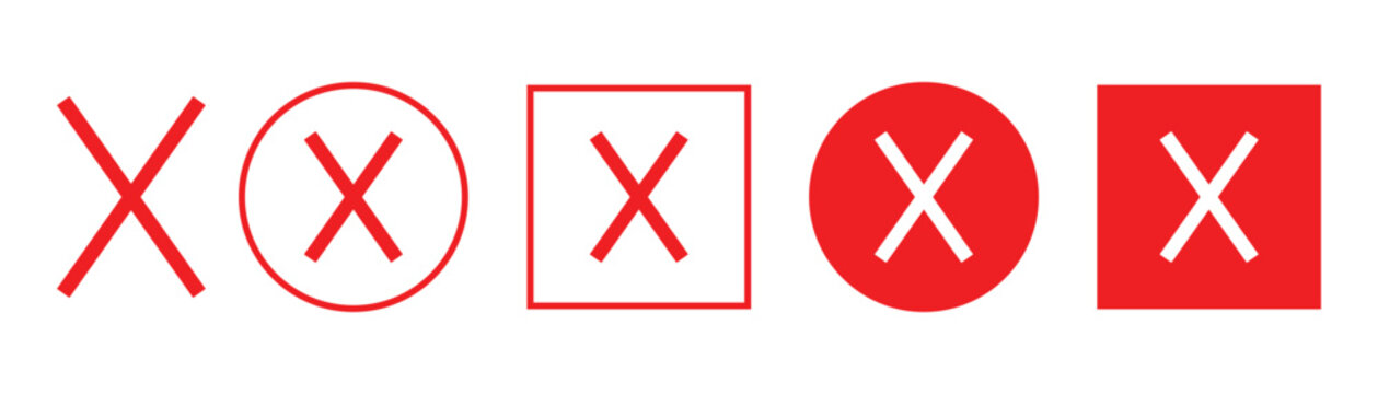 Set of red cross icons in various shapes on a white background. Includes circles, squares with red crosses. Red cross icons for design. Vector element set.
