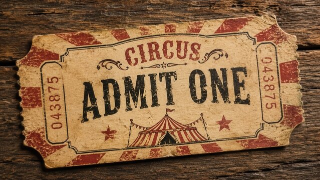 Vintage circus admission ticket on rustic wooden background with retro carnival entertainment theme