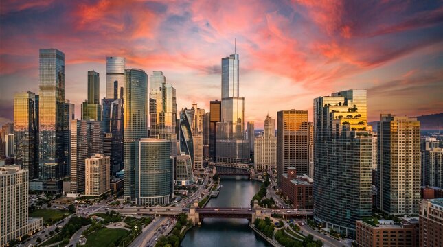 chicago skyline at sunset