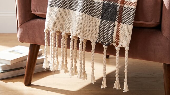 Plaid blanket with fringe edge tassel throwed over armchair