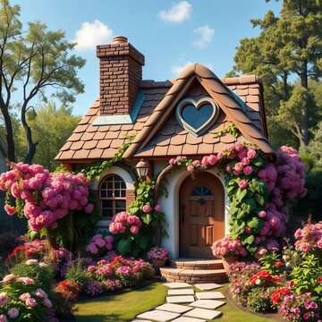 Cozy little house with heart-shaped chimney surrounded by flowers and vines, cartoon, inviting