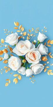 Elegant watercolor arrangement of white roses surrounded by delicate gold foliage on a soft blue background, minimalist design, refined elegance